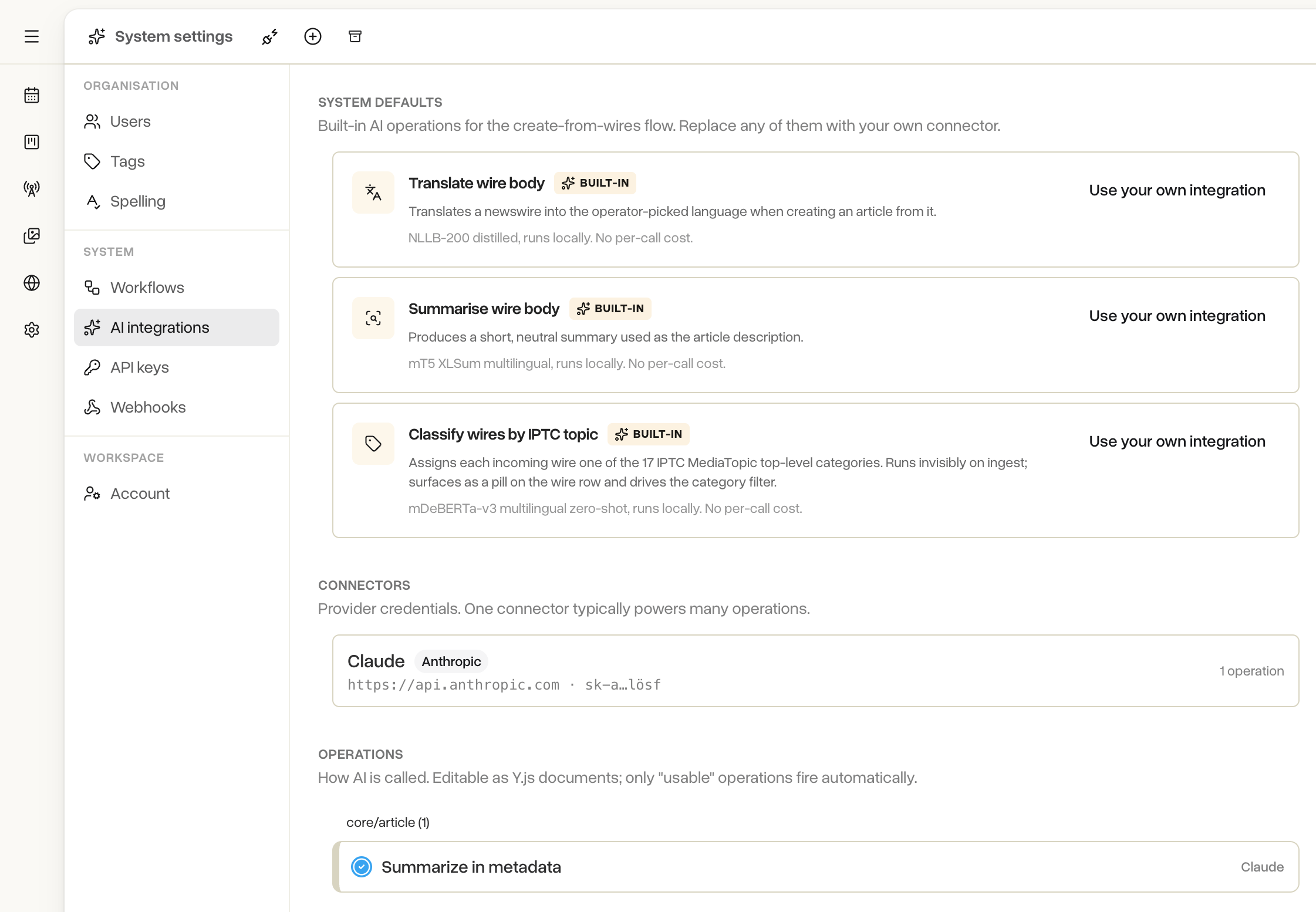 The AI integrations settings with connectors and operation bindings
