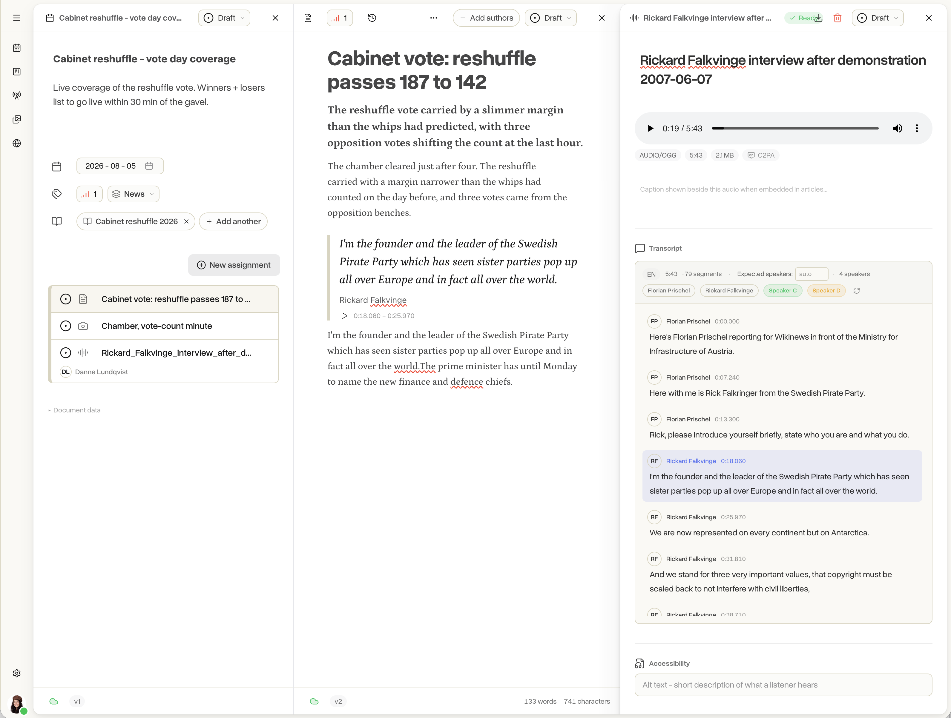 A planning item, an article with an inline audio quote and the audio detail with a verified transcript
