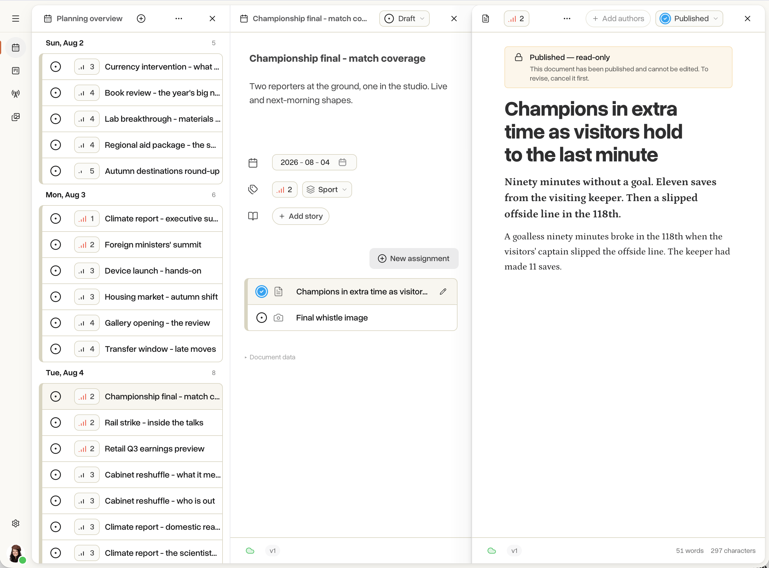 Planning overview, a planning item and a published article, side by side in three panes